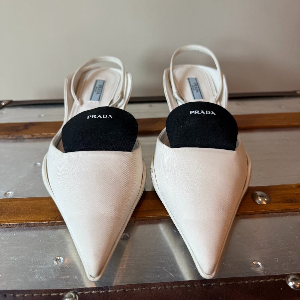 Cloth Prada Kitten Heel Slingback White and Black Heels- 37.5